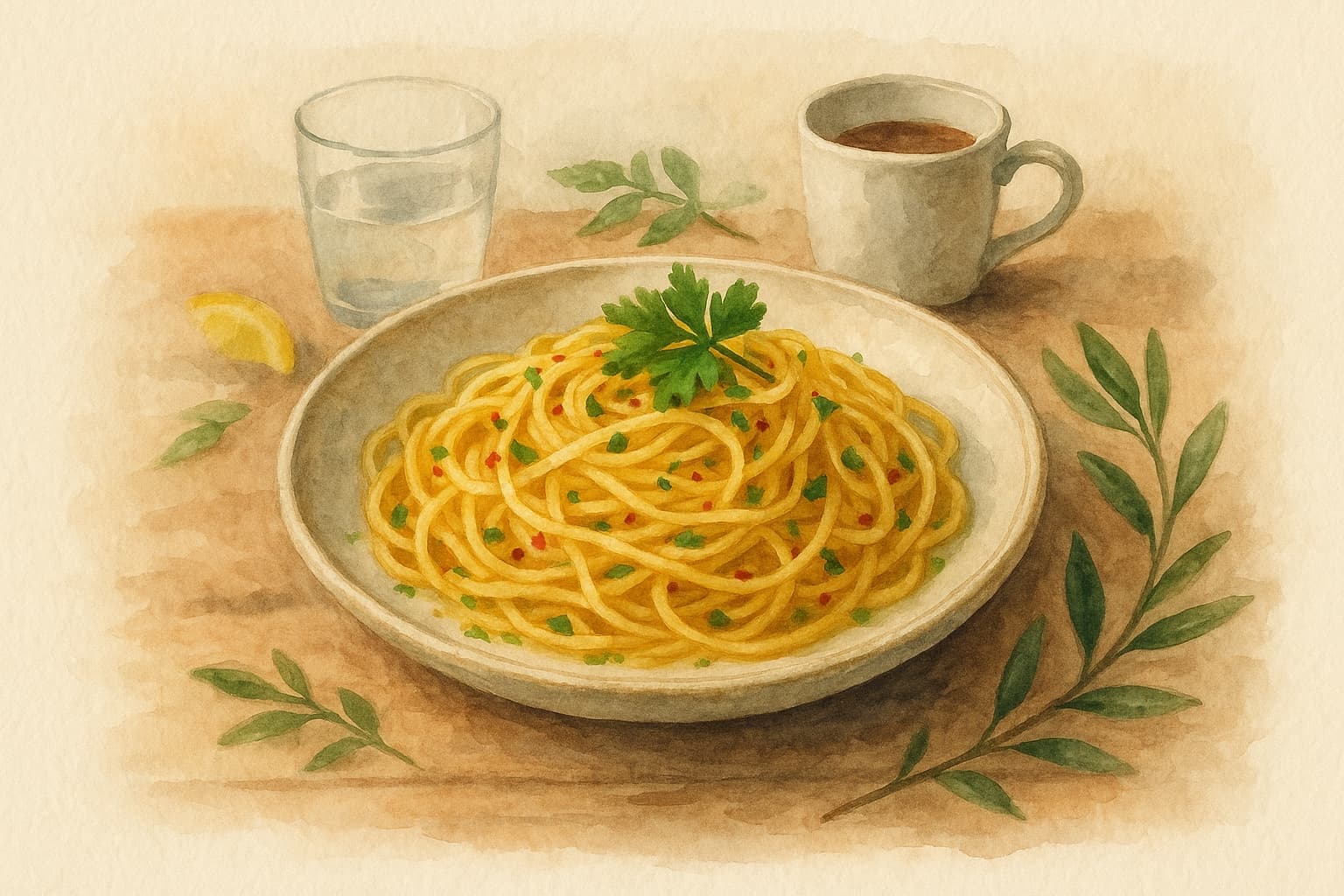 A simple yet elegant dish of spaghetti coated in olive oil, garlic, and red pepper flakes.