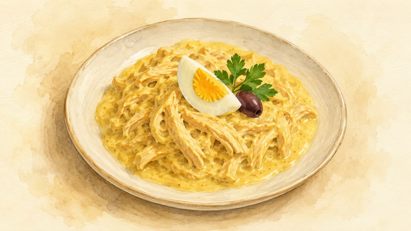 A vibrant mustard-yellow creamy chicken stew served over rice, garnished with hard-boiled egg halves and black olives.