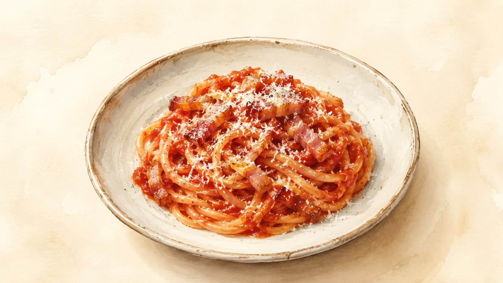赤いトマトソースが絡まったパスタの美しい盛り付け