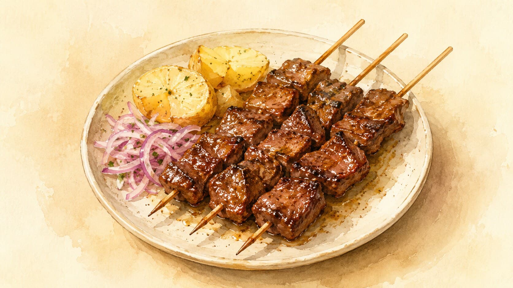 A plate of anticuchos featuring dark mahogany cubed beef heart skewers with char marks, served with boiled potatoes and green sauce.