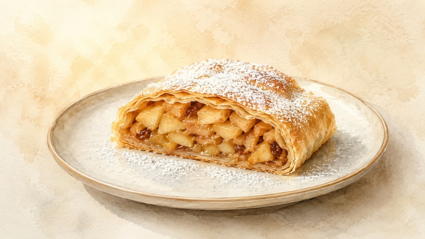 A diagonally-sliced apfelstrudel showcasing its apple-raisin filling and a light dusting of powdered sugar.