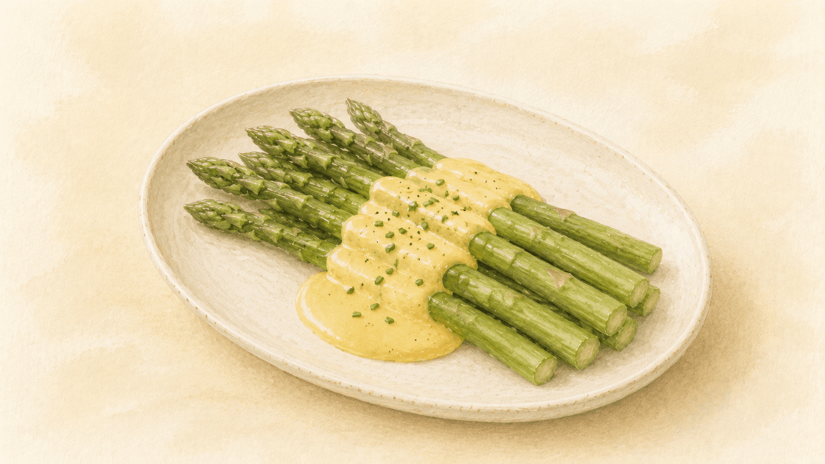 Asparagus spears on a white plate, hollandaise spooned over the center, garnished with chives and black pepper