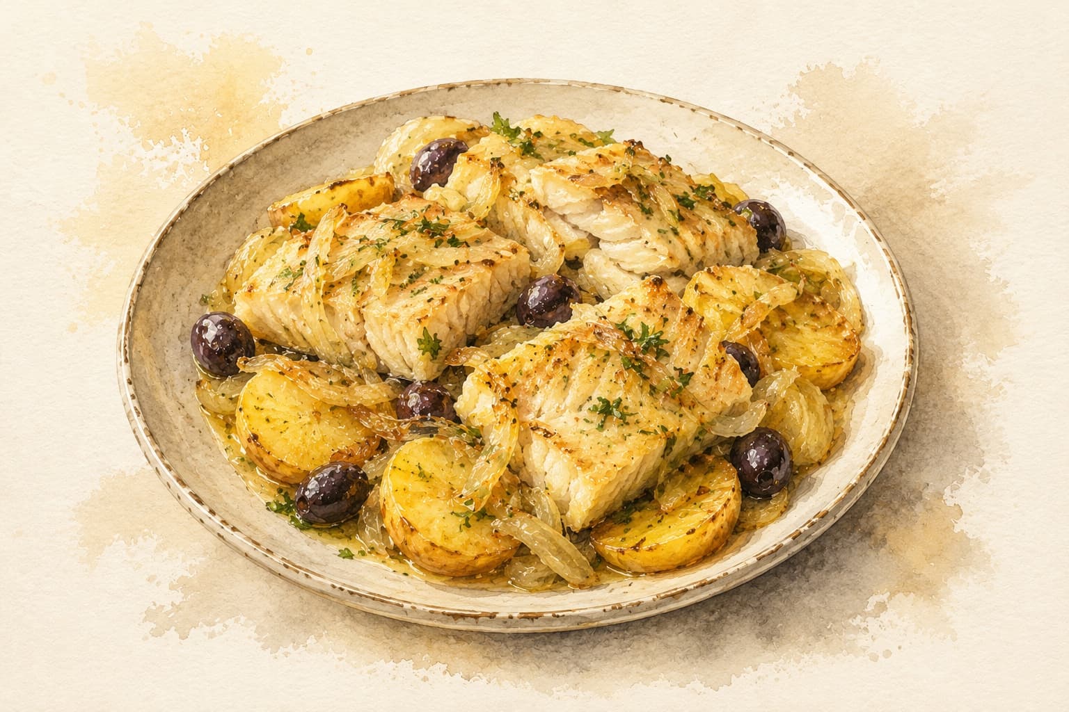 A beautifully plated bacalhau dish garnished with herbs.