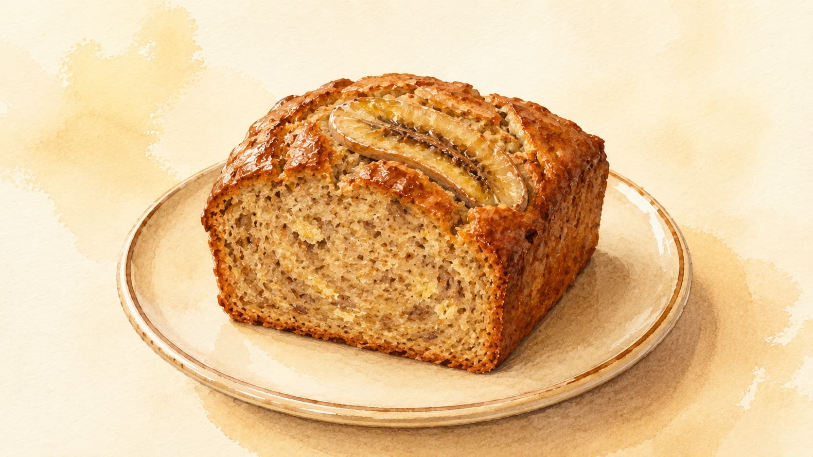 A loaf of golden-brown banana bread on a rustic wooden table.