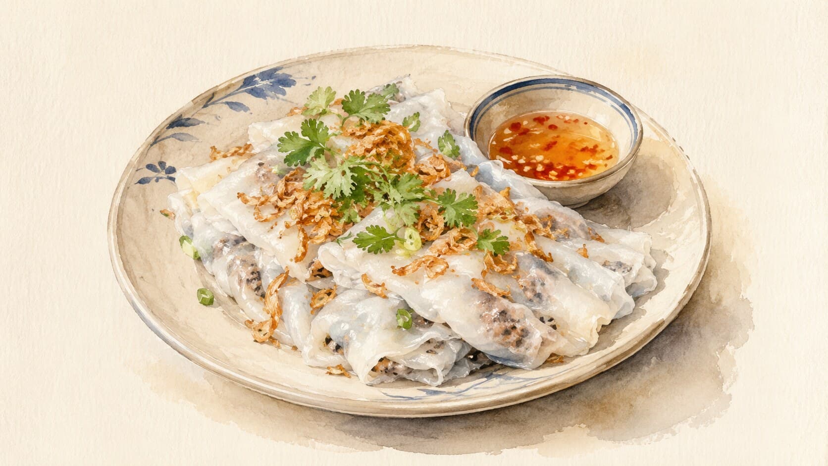 豚肉のフィリングとハーブ、揚げシャロットを包んだ蒸し米シートの料理。