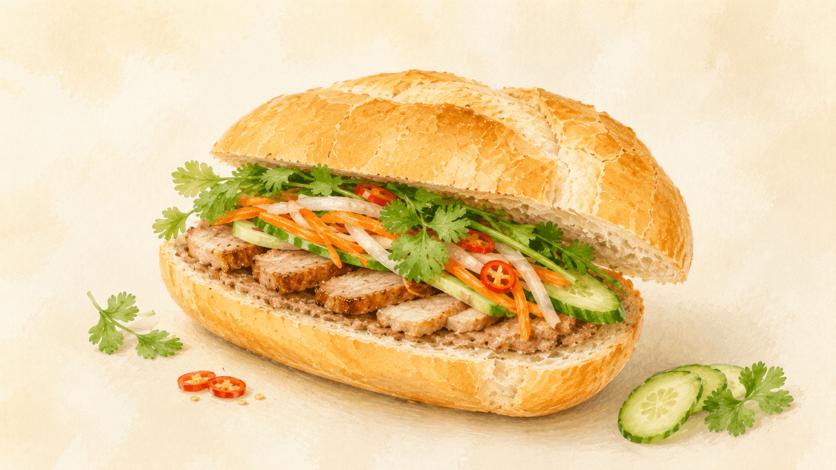 A split bánh mì baguette showing the cross-section layers — pale pâté and mayonnaise on the bread, sliced meats, white daikon and orange carrot pickle, green cilantro, and red chili on a wooden surface