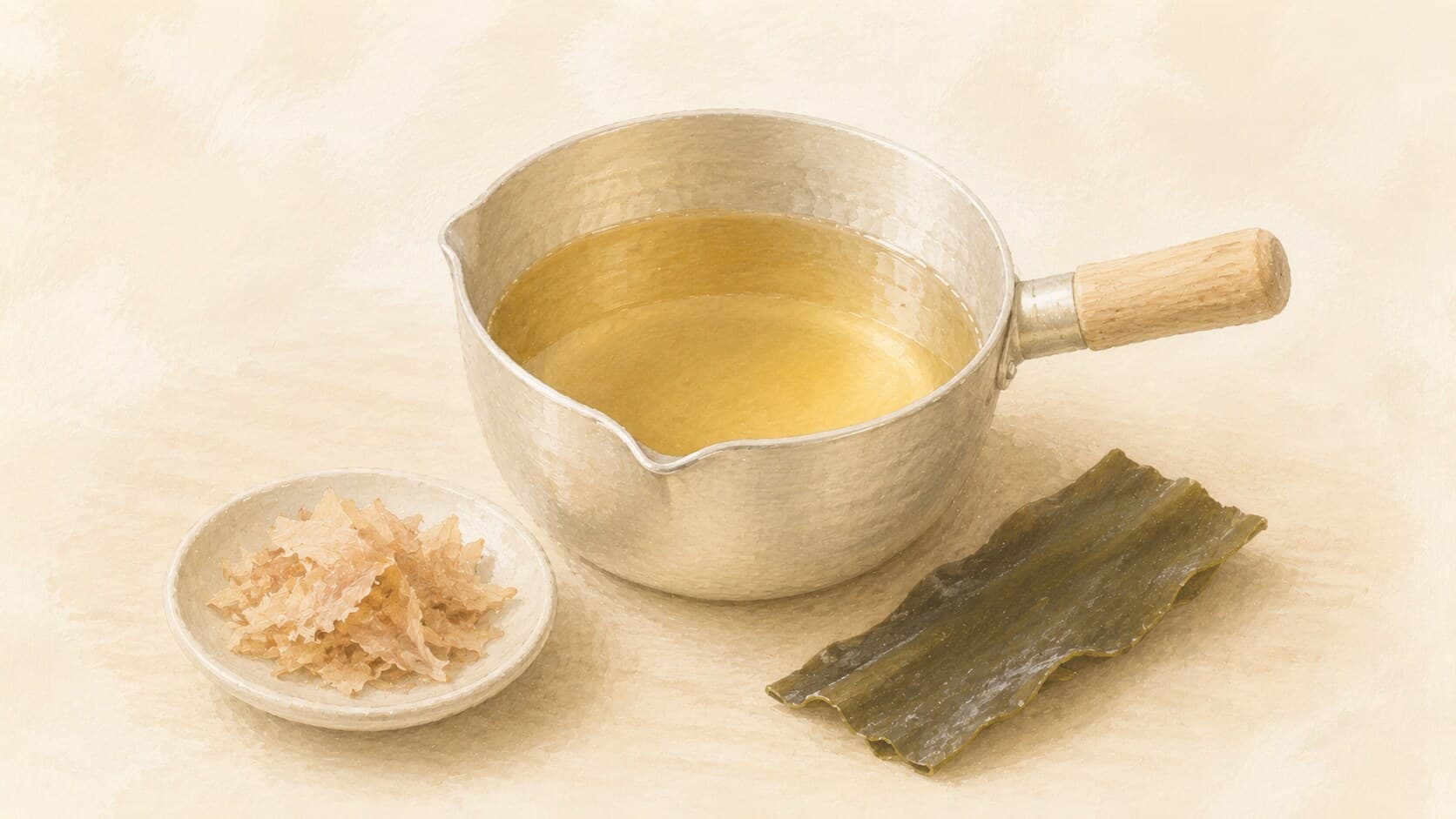 A shallow bowl of clear pale-amber dashi, a piece of kombu and a few katsuobushi flakes visible nearby on a warm wooden tray