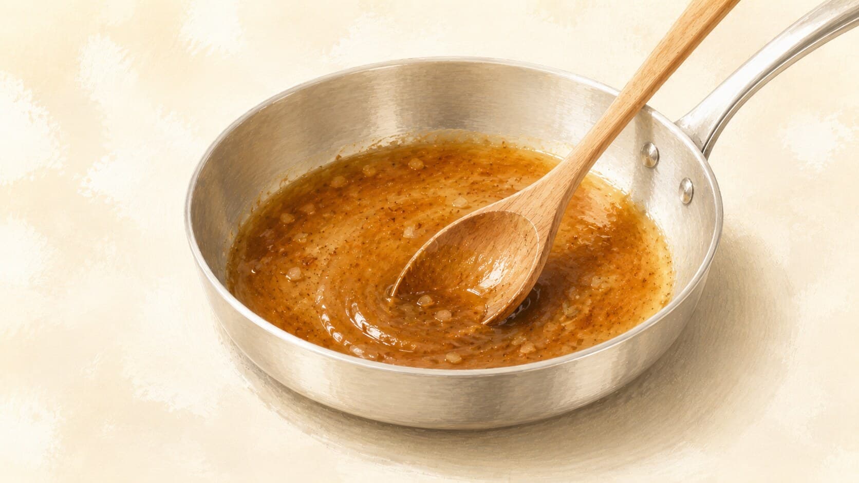 A small spoon dipped into a glossy amber pan sauce in a heavy skillet, a hint of minced shallot suspended in it, a sprig of thyme at the rim