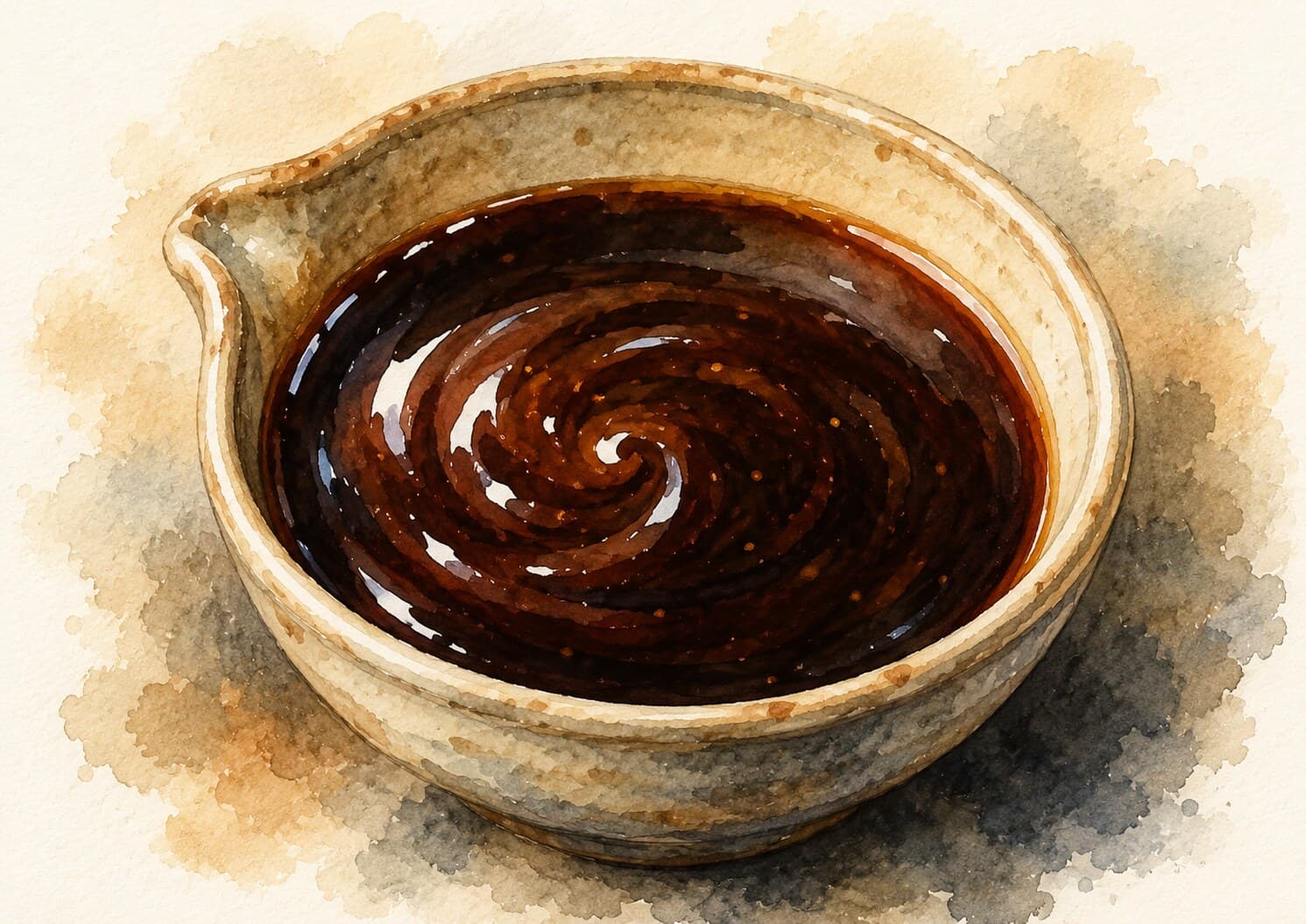 照り焼きだれが盛り付けられた皿の水彩イラスト