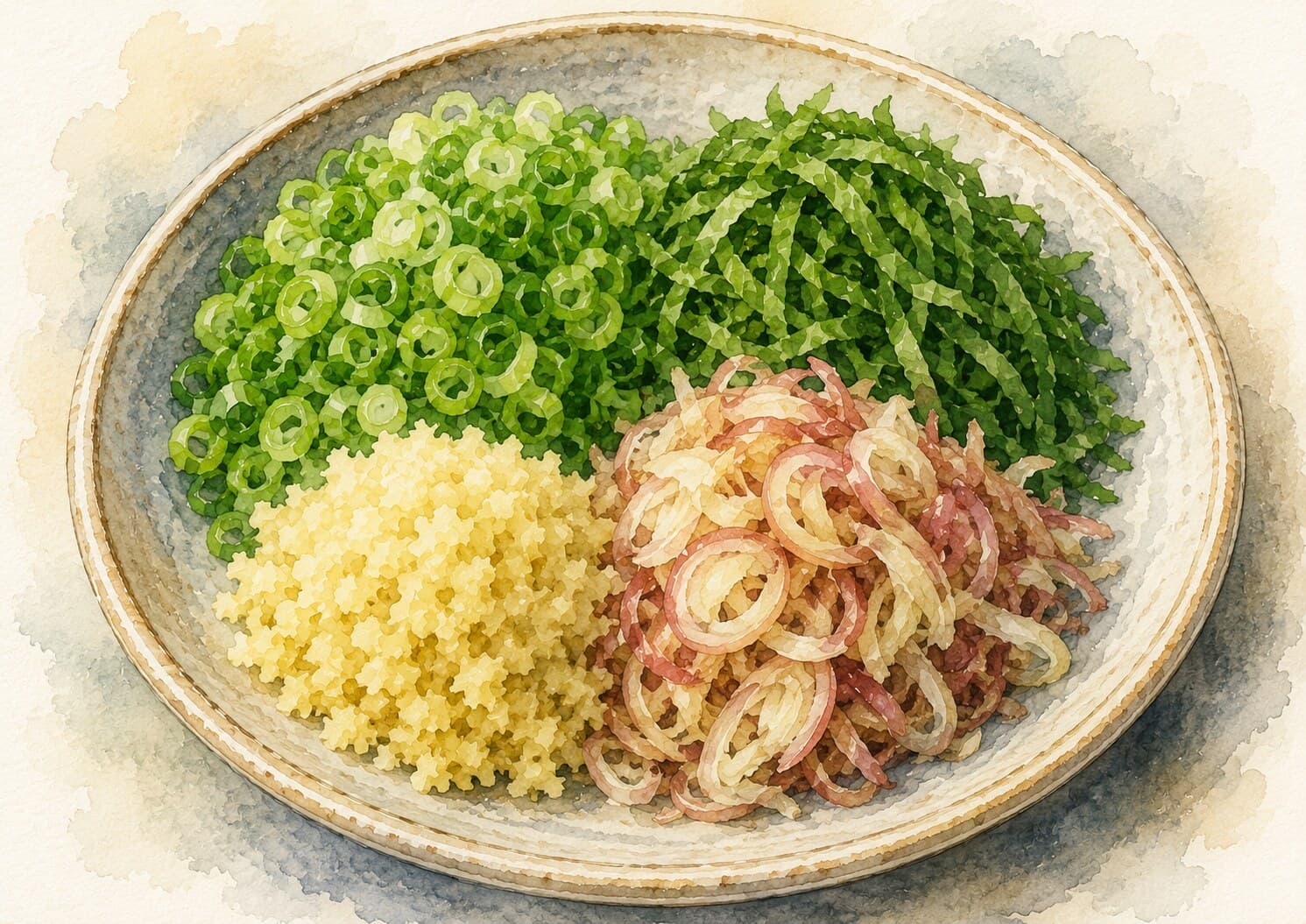 新鮮な薬味ミックスの盛り付けを示すイラスト