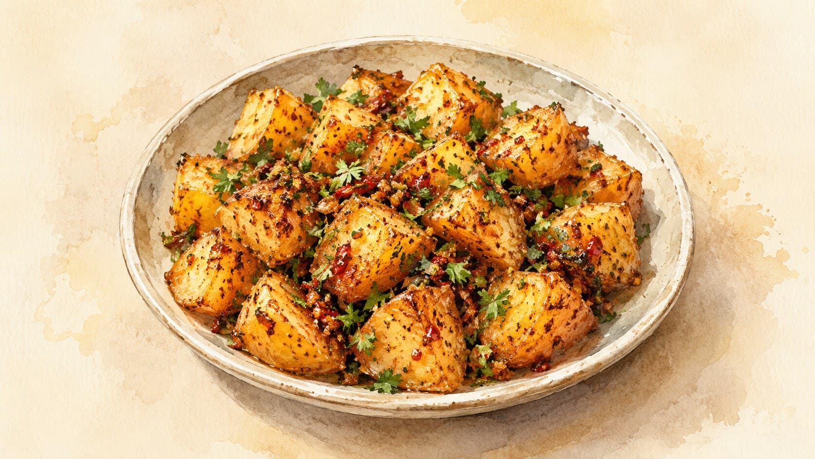 Golden-crusted potato cubes drizzled with red chili oil and topped with fresh cilantro, alongside a lemon wedge.