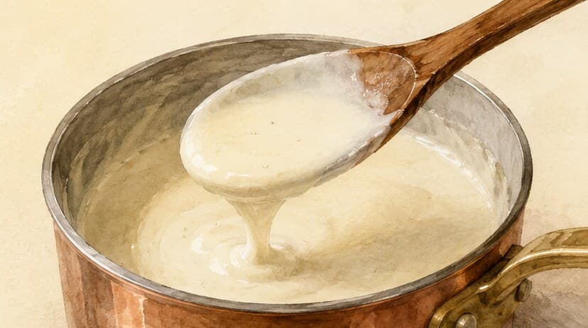 A pale ivory béchamel sauce coating the back of a wooden spoon, with a clean finger-drawn line through it