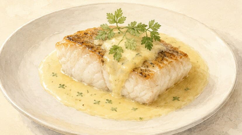 A glossy pale beurre blanc pooling beside a piece of pan-roasted white fish on a warm plate
