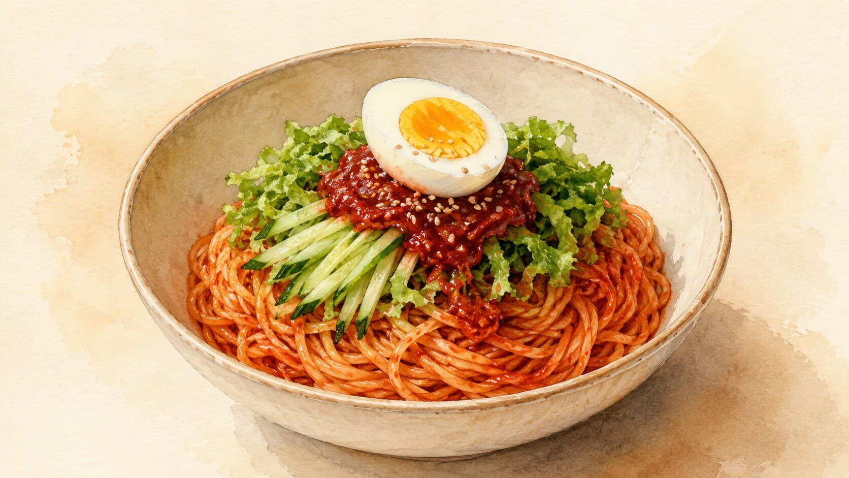 赤いソースの薄い小麦麺、キュウリの千切り、半分に切ったゆで卵、ゴマ、氷が溶けている韓国の石の器。