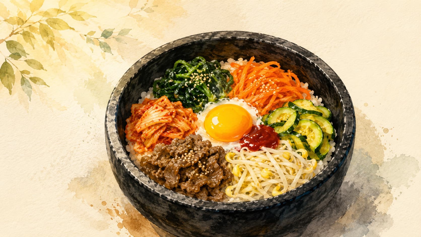 色とりどりの野菜とご飯が盛り付けられた石焼ビビンバ
