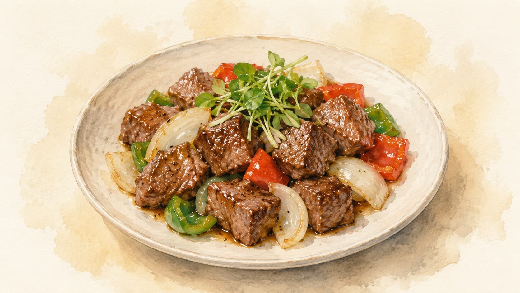 赤ピーマンと玉ねぎが入った艶のある醤油とニンニクのソースと牛肉のキューブ。