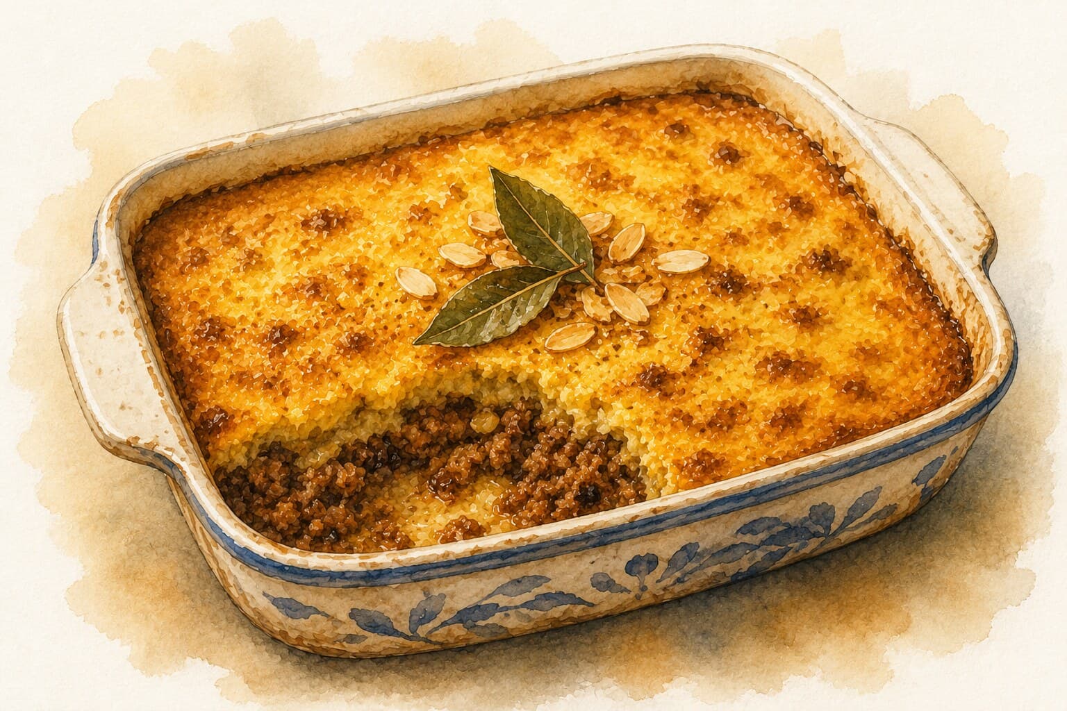 A beautifully baked Bobotie with a golden custard topping served in a rustic dish.