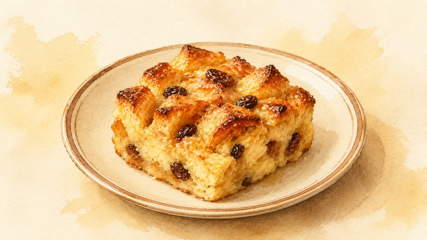 A beautifully baked bread pudding with a golden crust and soft interior, garnished with a dusting of powdered sugar.