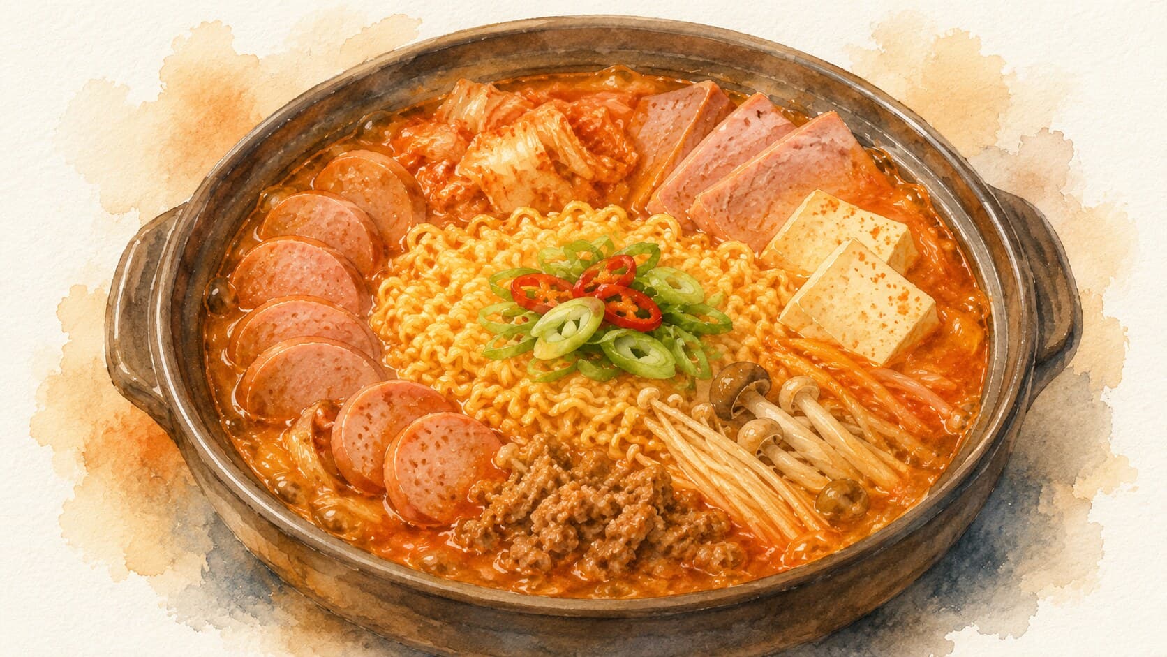 A vibrant bowl of Budae Jjigae filled with colorful ingredients and a rich broth.