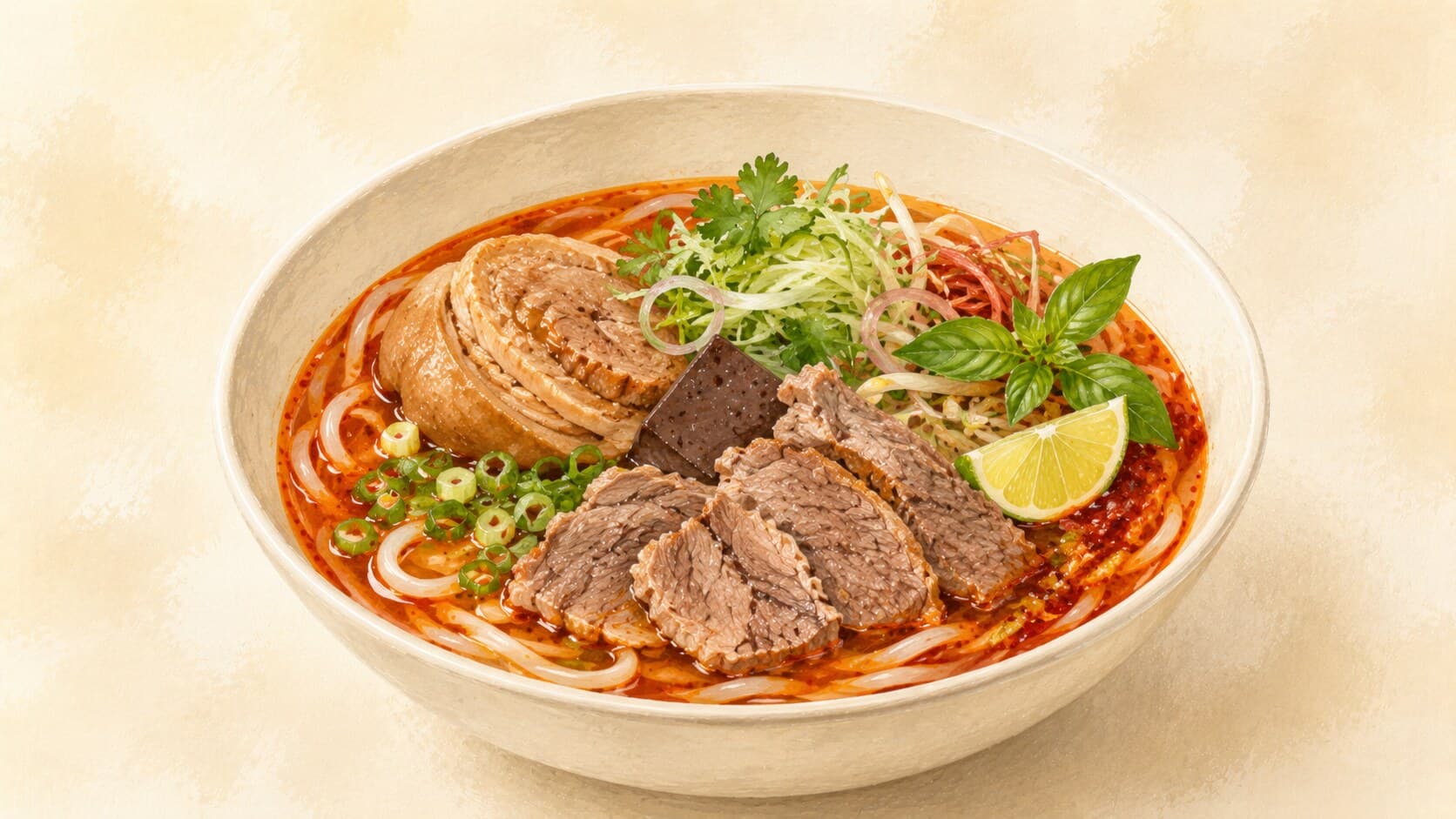 赤みがかったアンバー色のブン・ボー・フエのスープが入った深い丼——太くて丸い米麺、スライスした牛肉、豚足の一切れ、縁にフレッシュハーブが見える