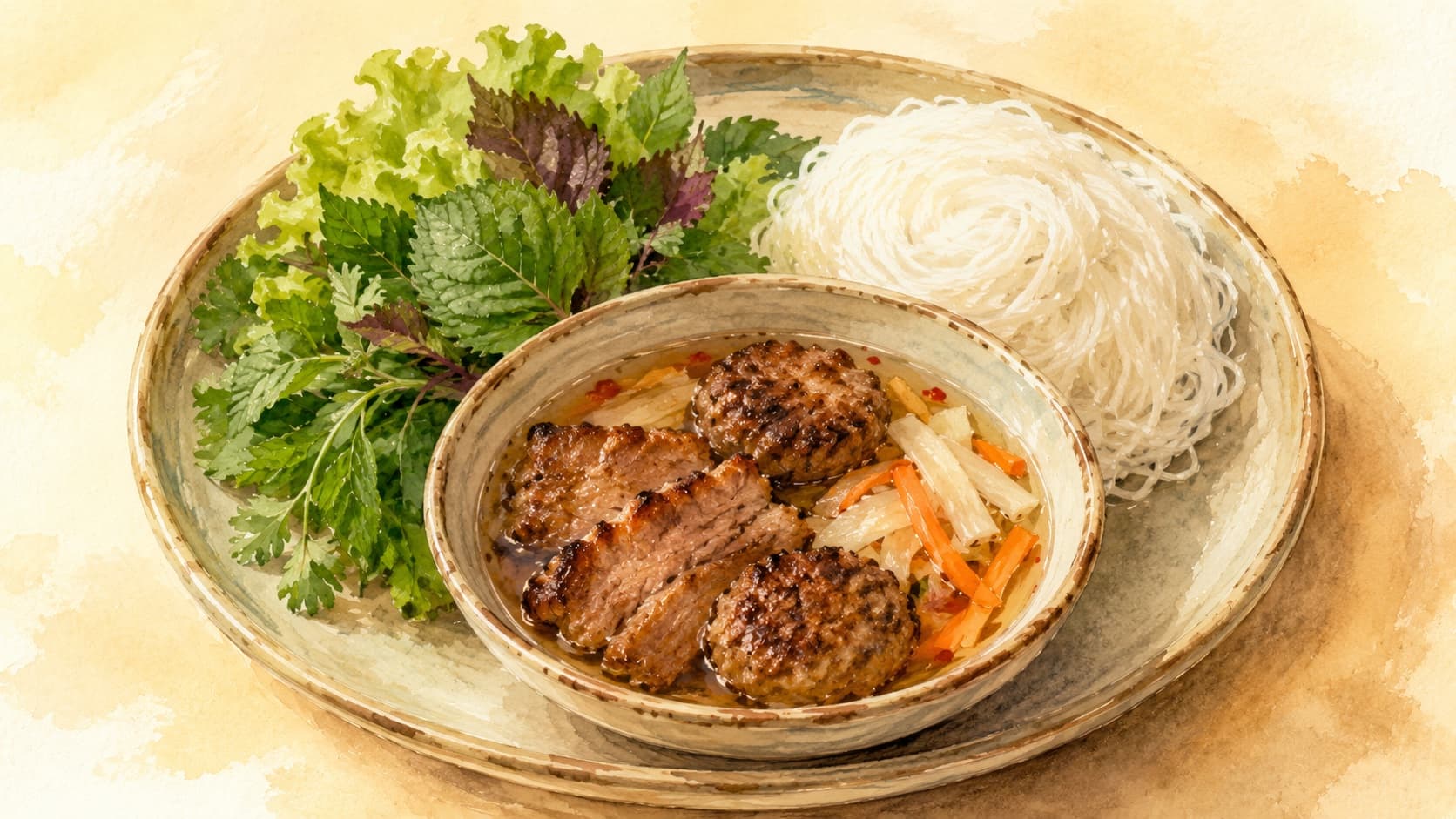 陶器のつけダレ用碗に琥珀色のヌクチャムソースと豚肉のパテと豚バラ肉が入り、白い米麺と新鮮なハーブが添えられている