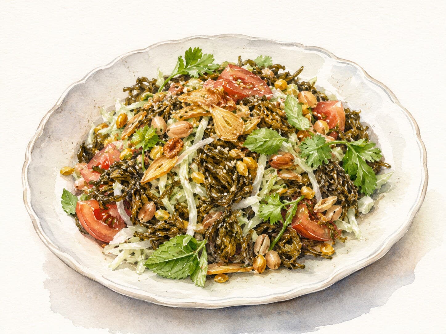 A beautifully arranged plate of Lahpet Thoke featuring vibrant colors and textures of the salad ingredients.