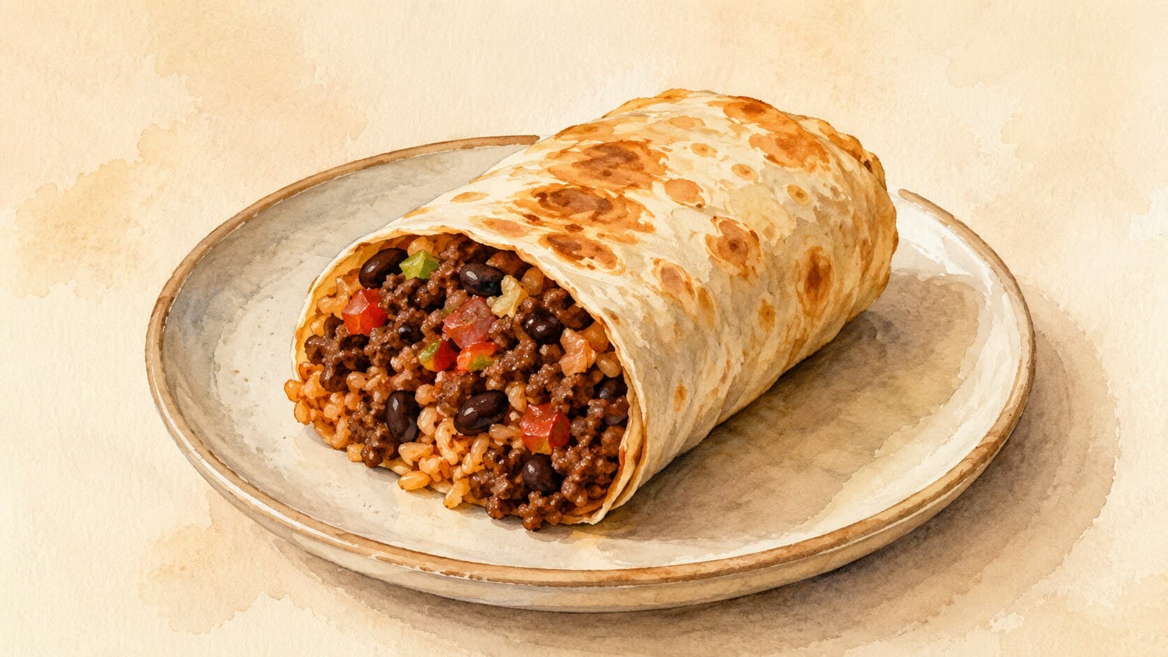A flour tortilla wrap filled with ground beef, black beans, and rice.