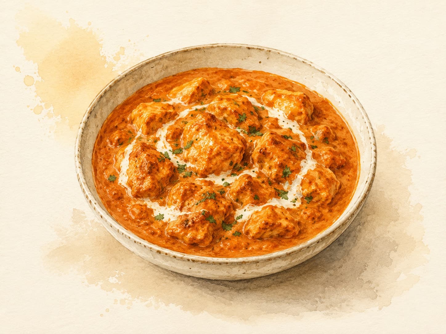 A vibrant plate of butter chicken garnished with fresh cilantro and served with naan.