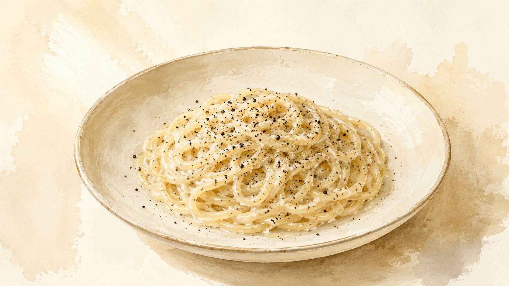 クリーミーなチーズと黒胡椒が絡むパスタの盛り付け