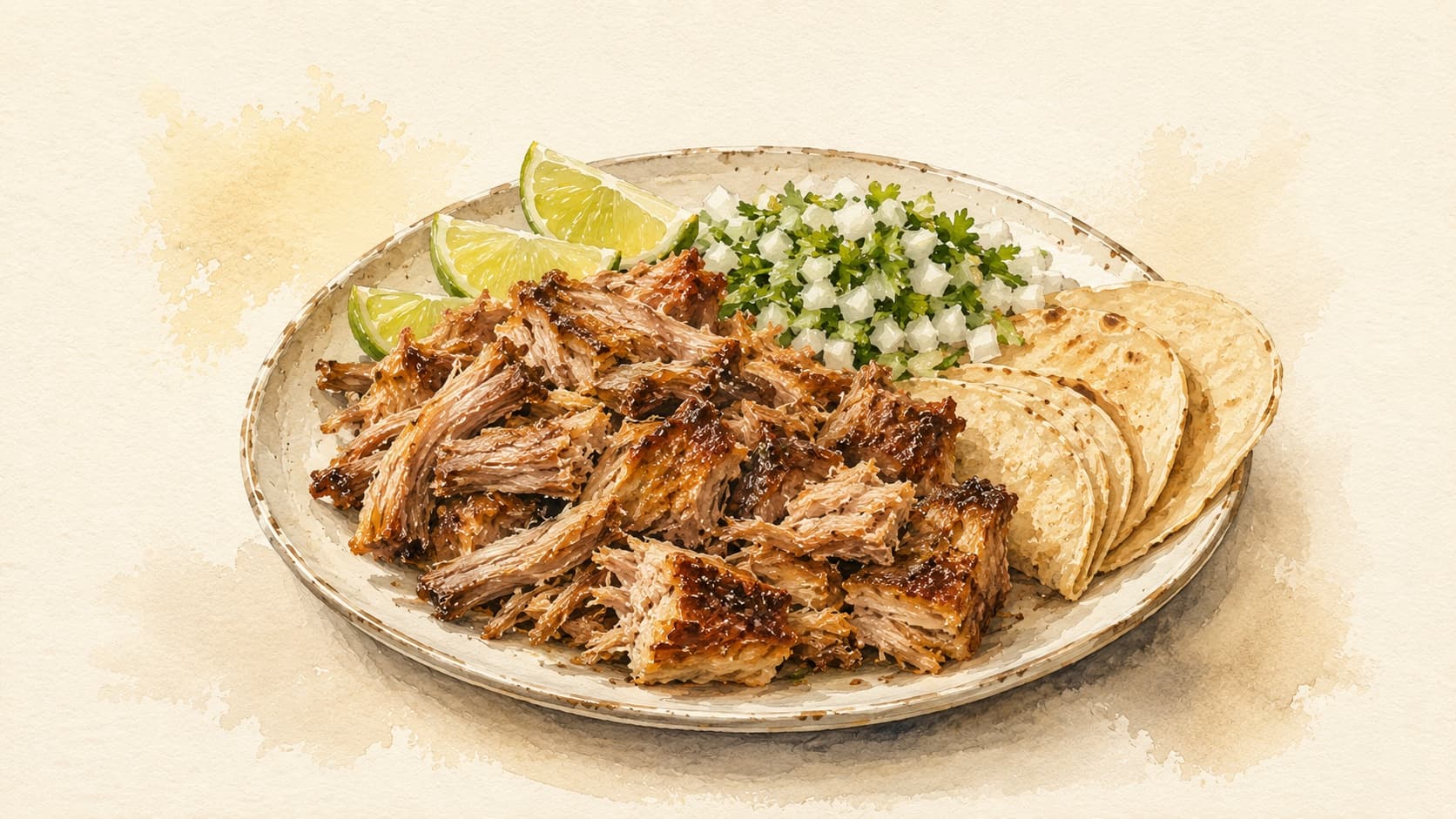 Tender, shredded pork garnished with cilantro and lime.