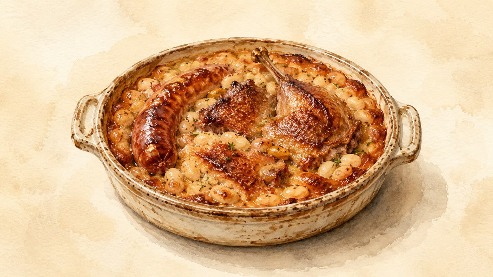 An earthenware dish of white beans with sausage and duck on top, showcasing a crusty surface.