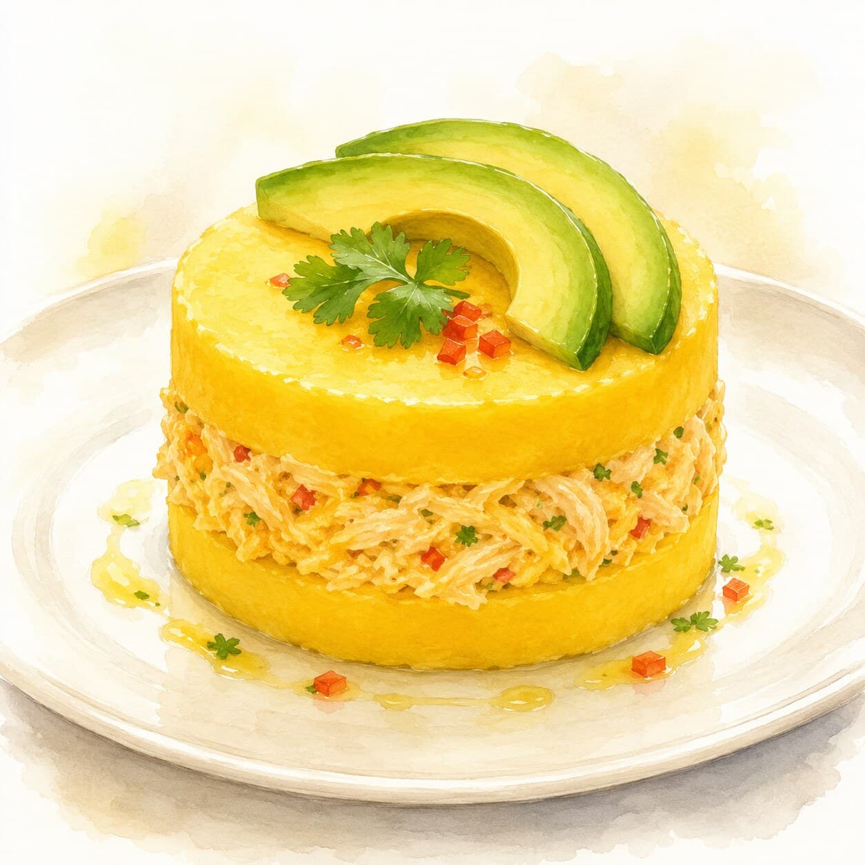 Causa Rellena, a layered cold potato terrine with bright yellow potatoes and colorful fillings.