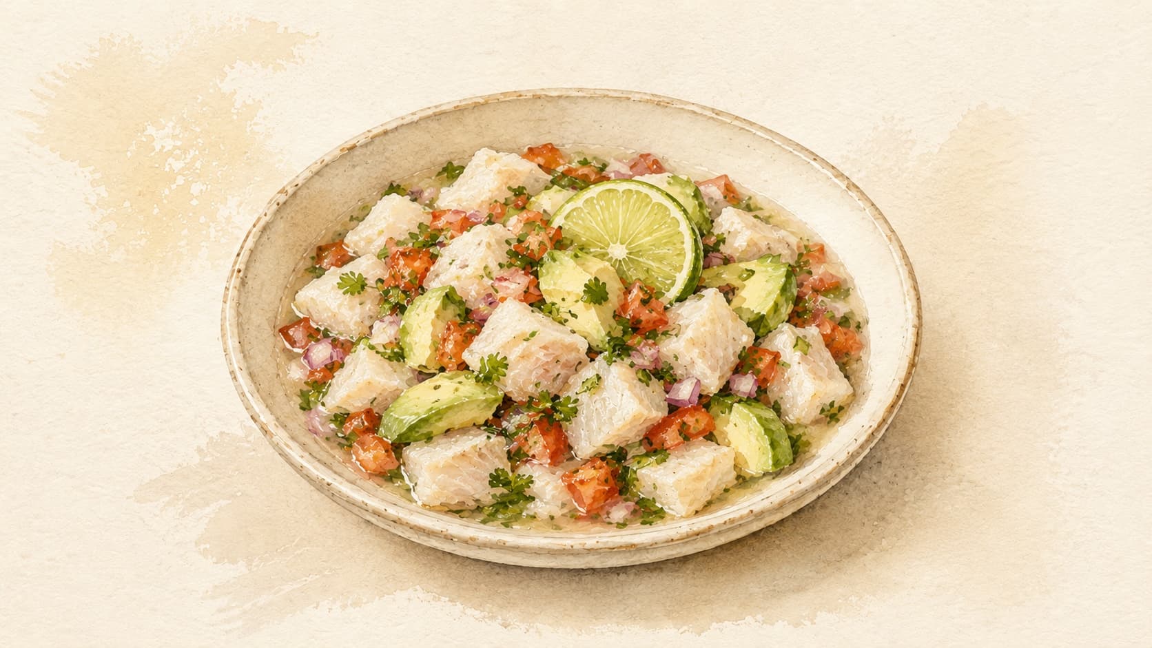 A vibrant bowl of ceviche with colorful vegetables and fresh herbs.