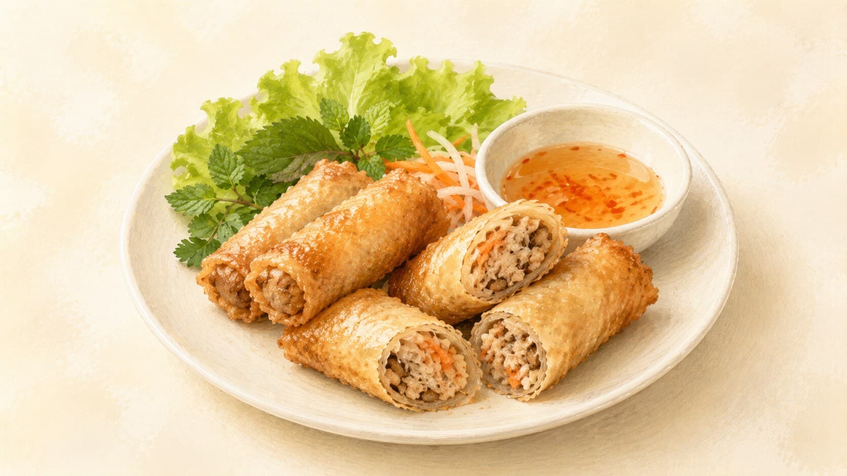 Six golden-brown fried spring rolls arranged on a small plate, visibly crisp and thin-shelled, with a small bowl of amber dipping sauce and fresh lettuce leaves beside them