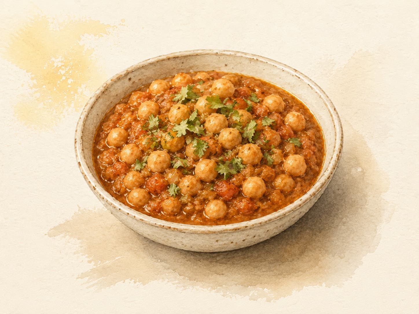 Chana Masala served with fresh cilantro and lemon.