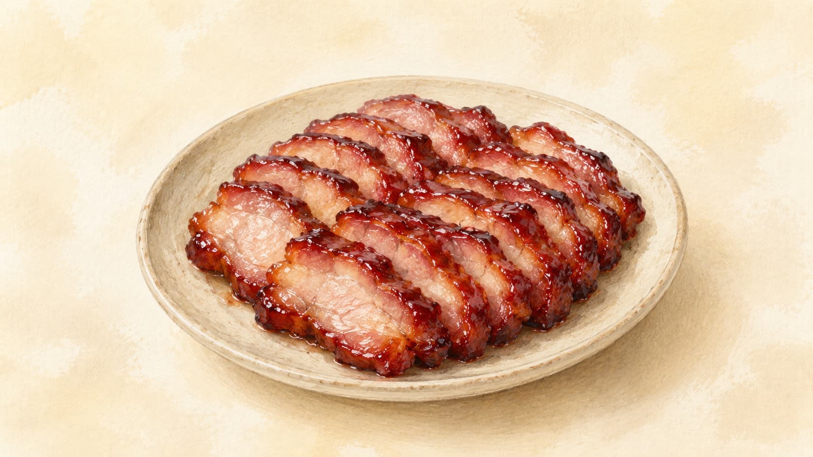 Succulent slices of glazed pork with a rich red hue.