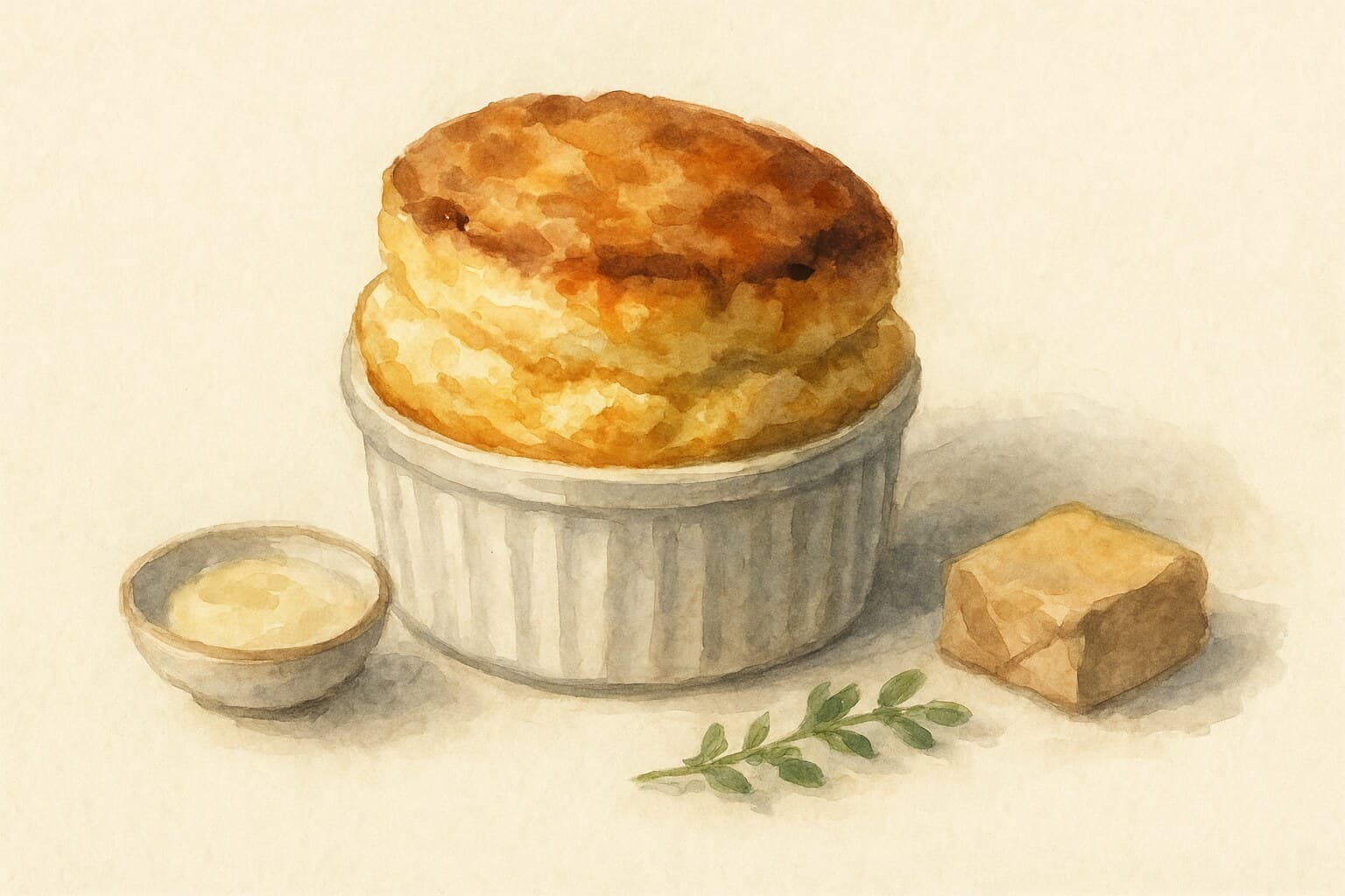 A puffed golden cheese souffle risen above the rim of a white ramekin, set against a soft watercolor on a warm cream background.