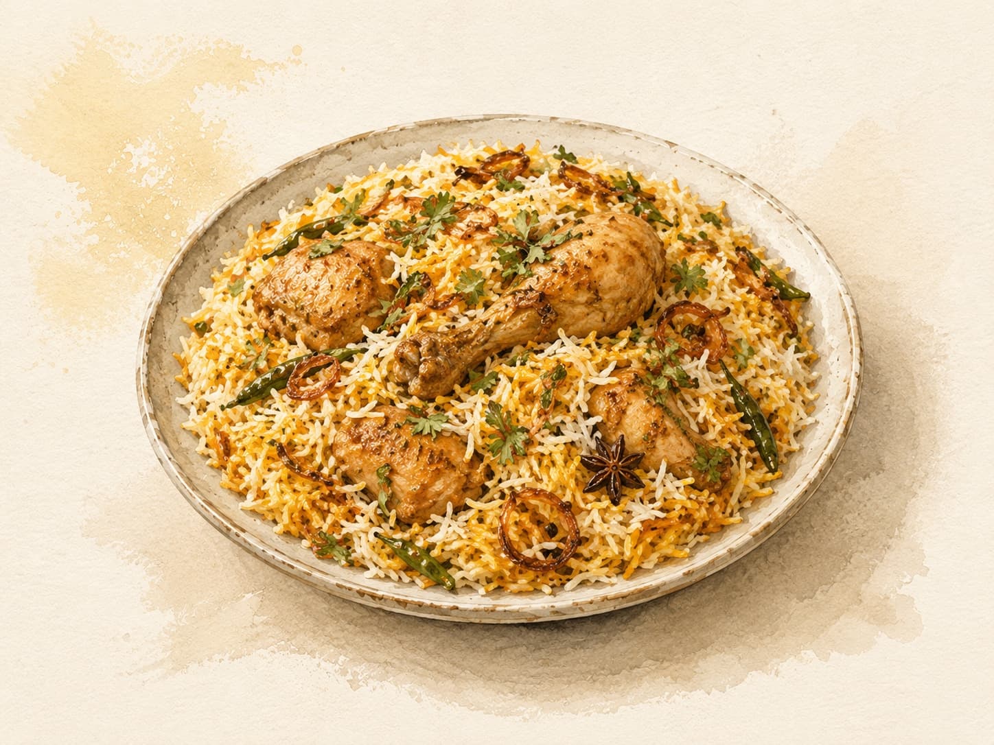 色とりどりのスパイスと鶏肉が盛られたビリヤニ