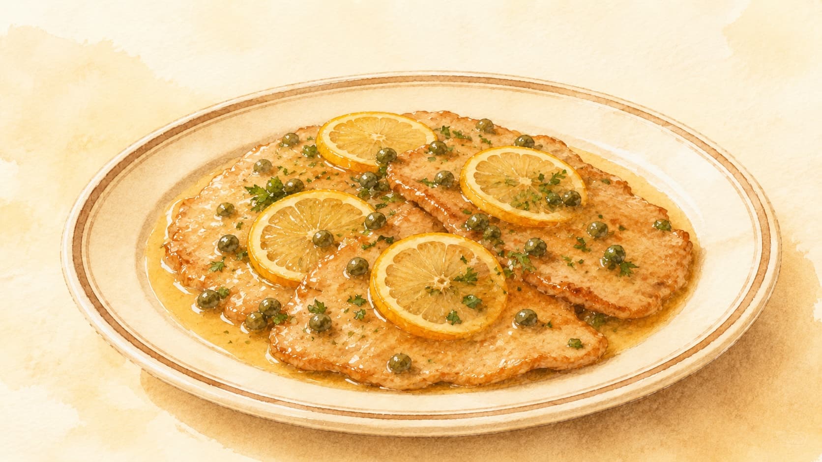 Illustration of Chicken Piccata served on a plate with a lemon slice and capers.