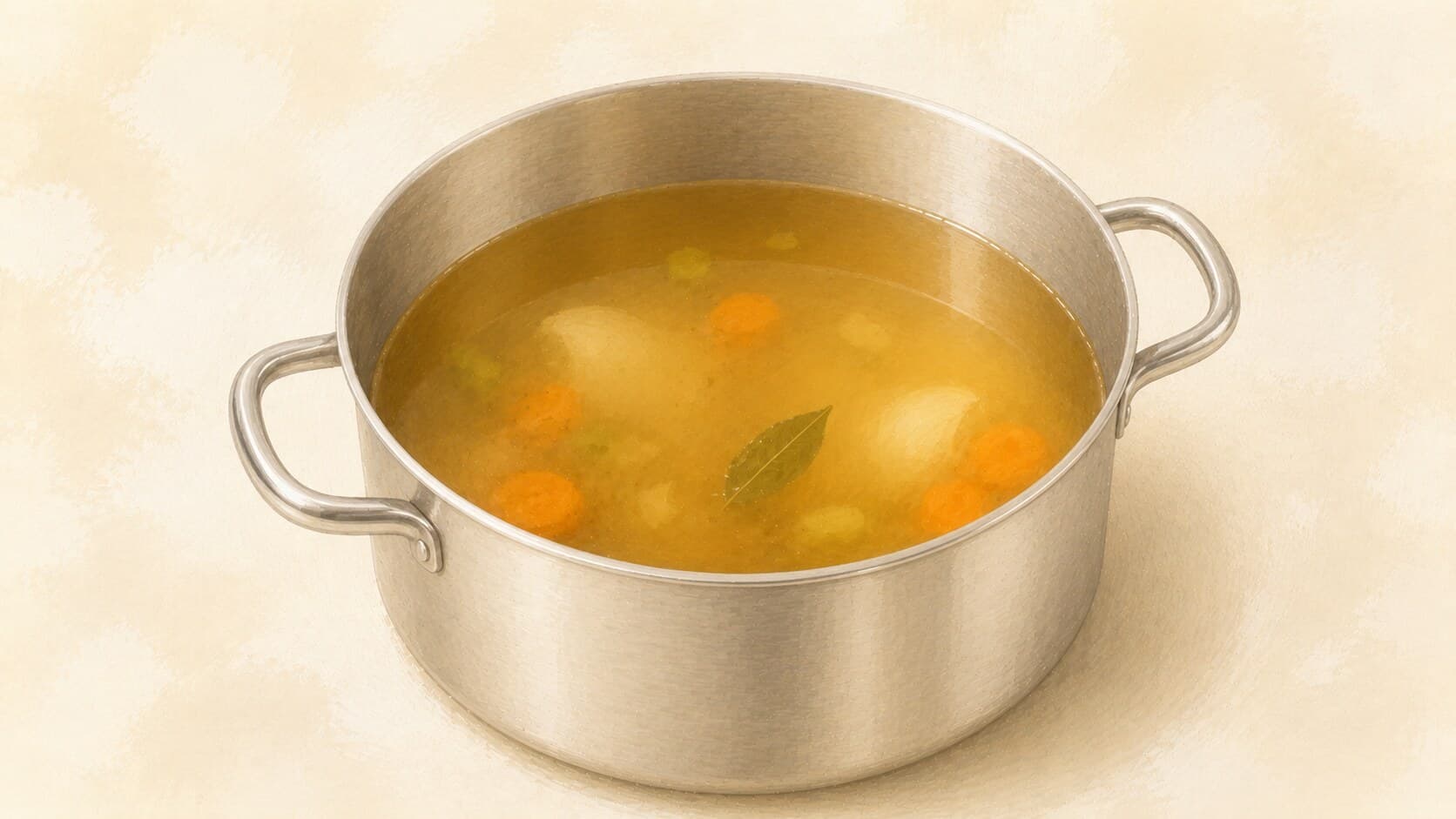 A large pot of clear amber chicken stock, bones and vegetables visible just under the surface, a wooden spoon resting on the rim