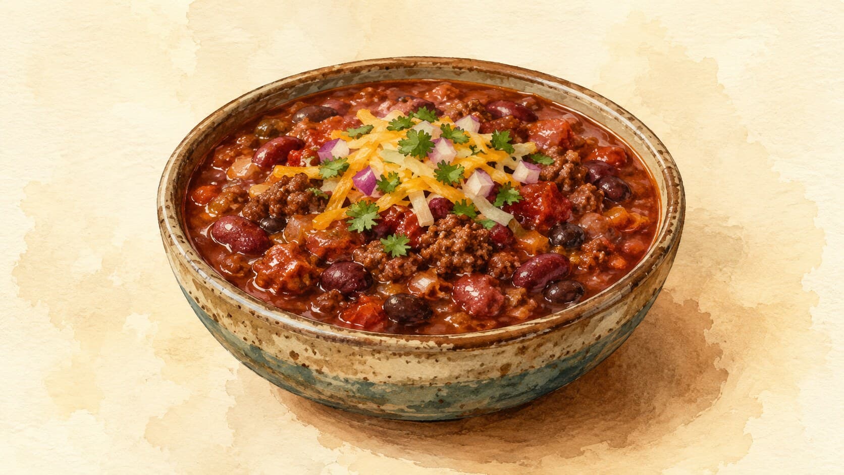 A bowl of beef chili with kidney beans, topped with melted cheddar cheese and scallions.