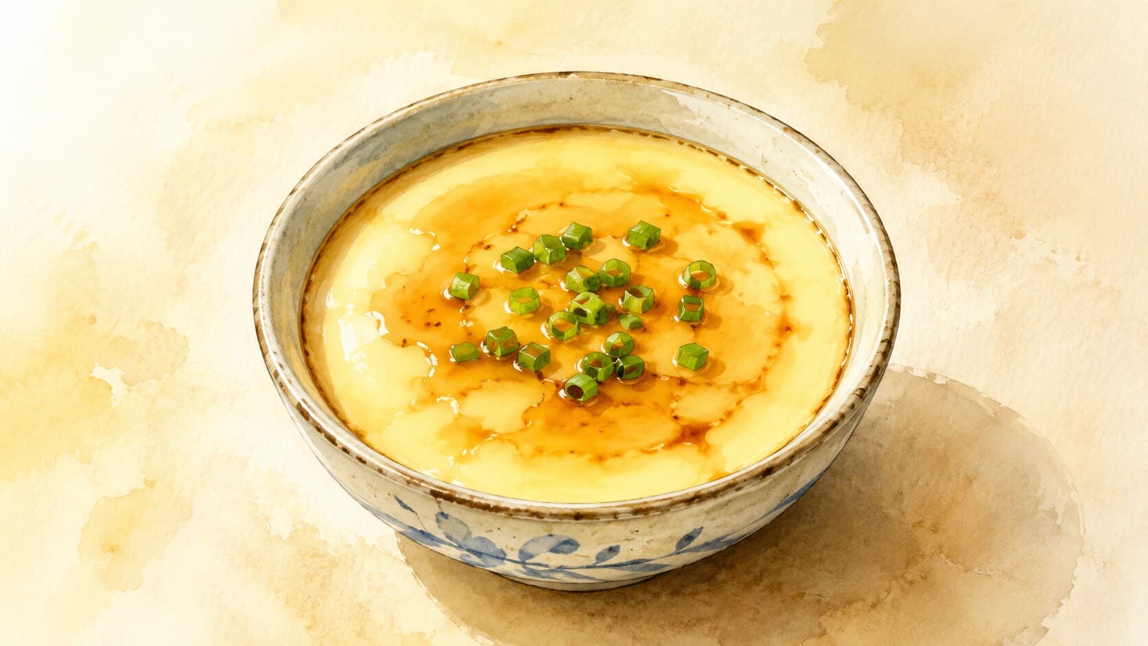 A shallow bowl of pale yellow steamed egg custard, drizzled with soy and sesame oil, topped with fresh scallions.