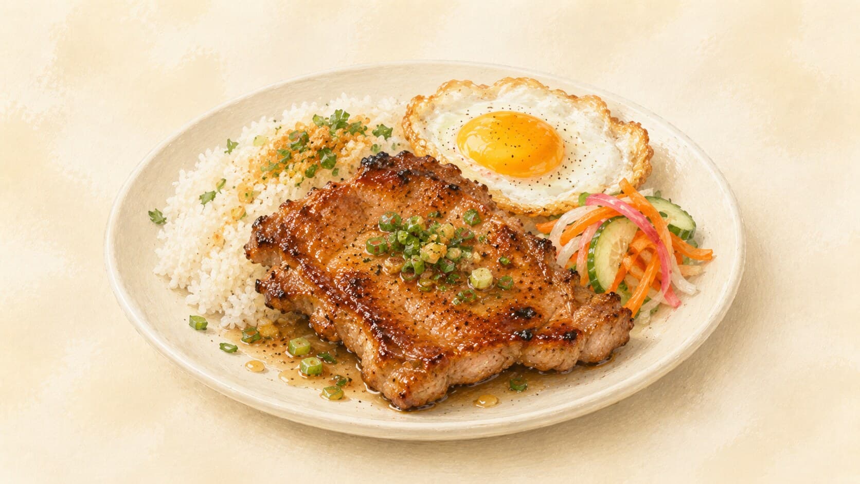 皿に盛られた砕き米、カラメル化した豚肉の薄切りカツレツ、卵と豚肉のケーキ、ピクルスにした大根とにんじん、きゅうりのスライス、米の上に見える春ねぎ油
