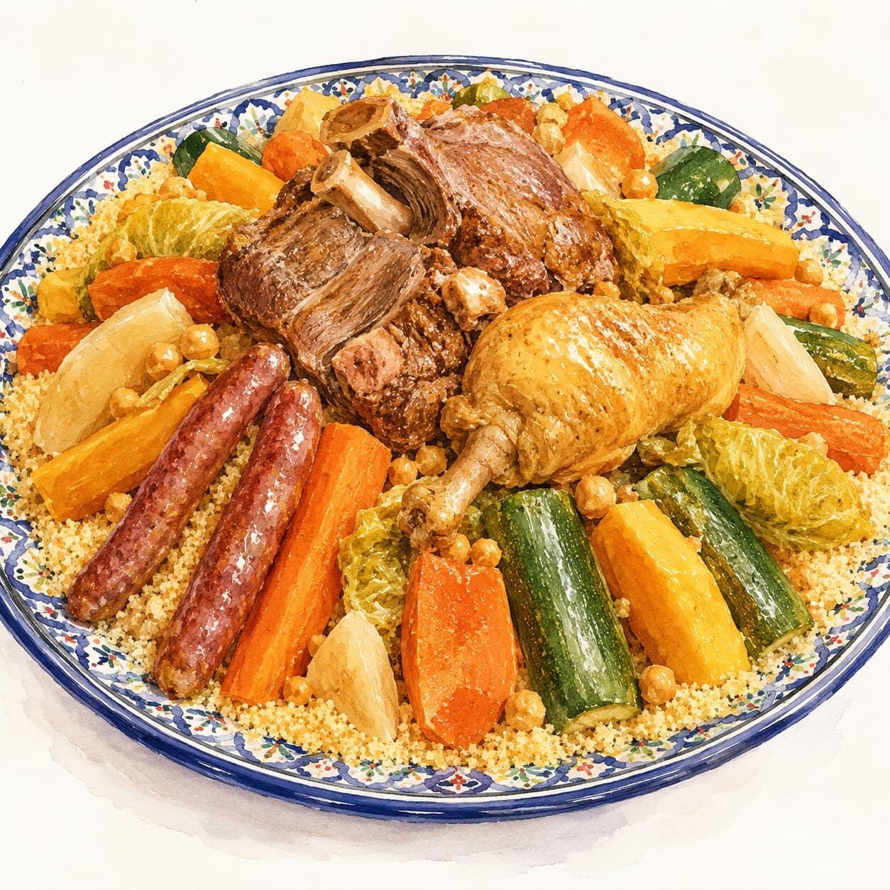 A beautifully arranged plate of Couscous Royal showcasing steamed couscous topped with three meats and vibrant vegetables.