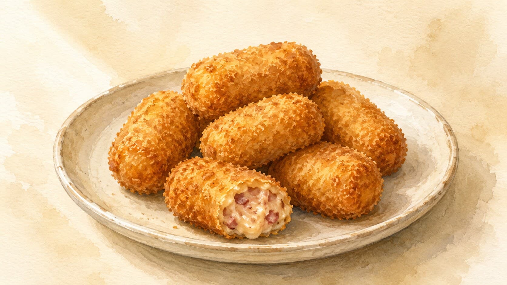 Golden ham bechamel croquettes broken open, revealing a creamy interior.