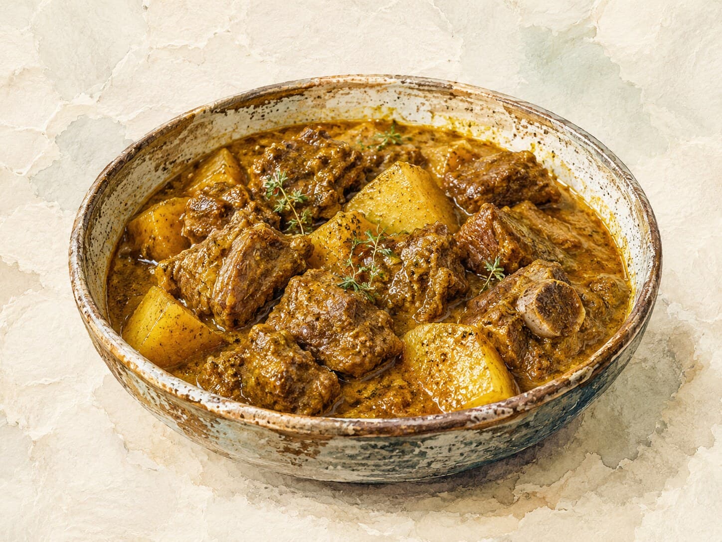 A beautifully illustrated bowl of Jamaican Curry Goat with vibrant colors and textures.