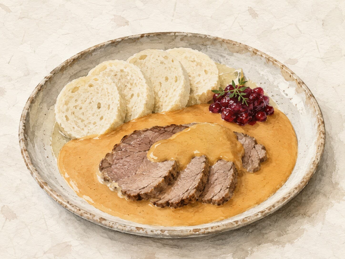 A watercolor illustration of Svickova, showing braised beef on a creamy root vegetable sauce with dumplings.