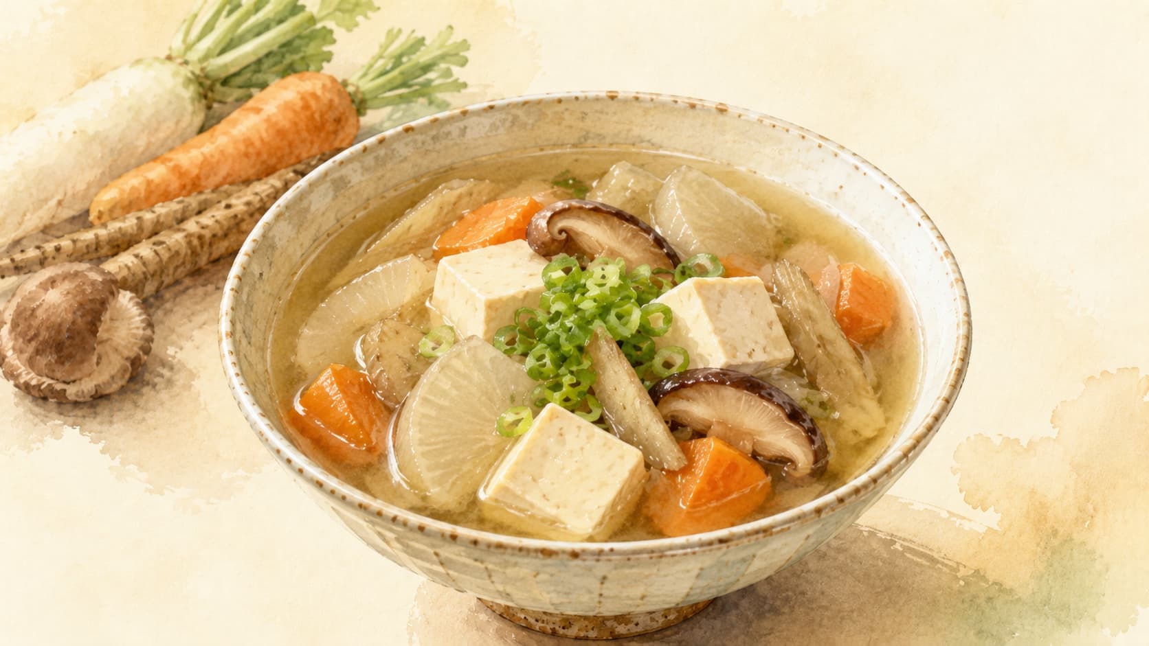 大根と豚肉の煮物が美しく盛り付けられた皿のイラスト