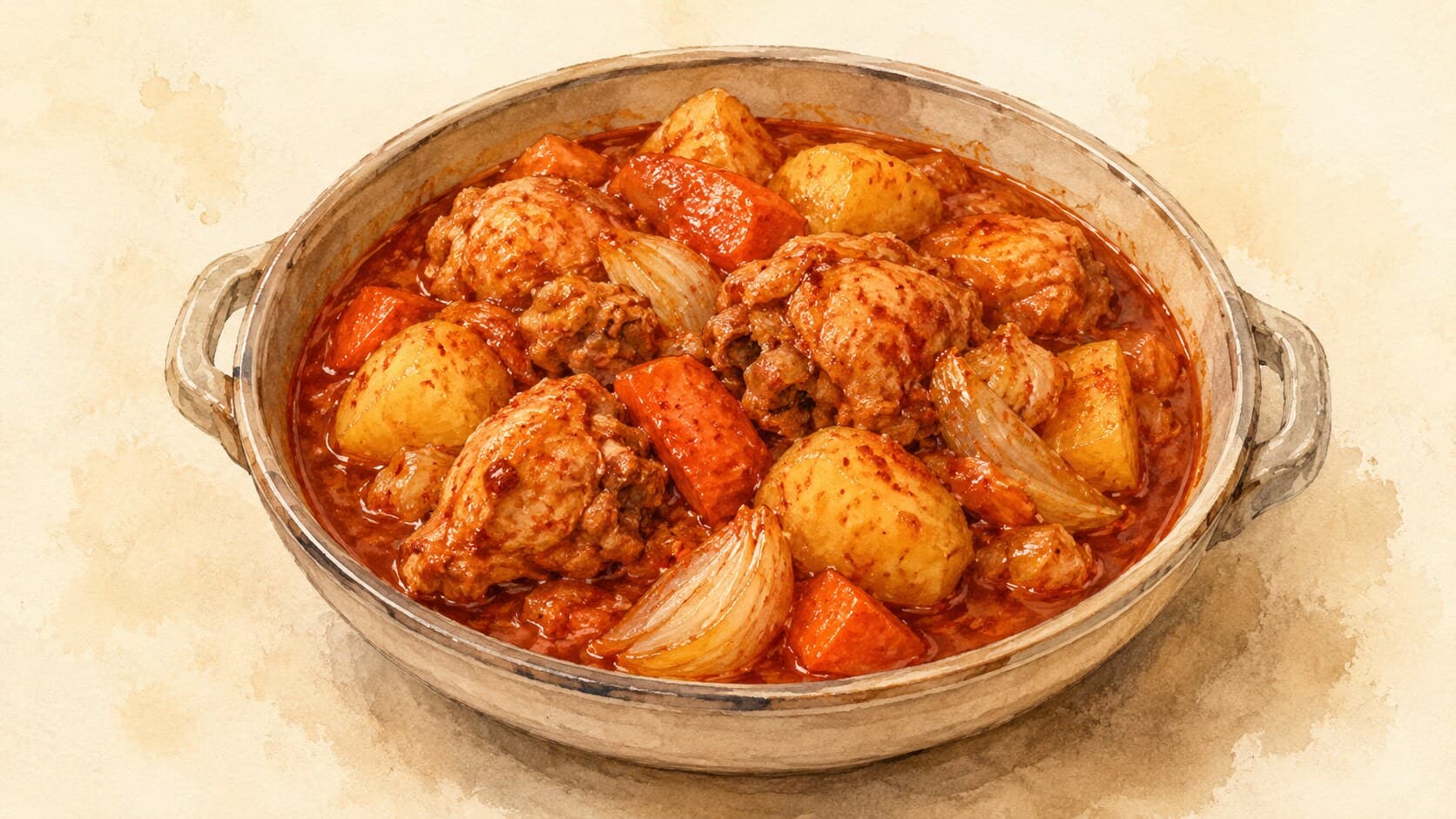 A wide bowl of Dak Bokkeumtang showcasing bone-in chicken, potatoes, and carrots in a glossy red broth.