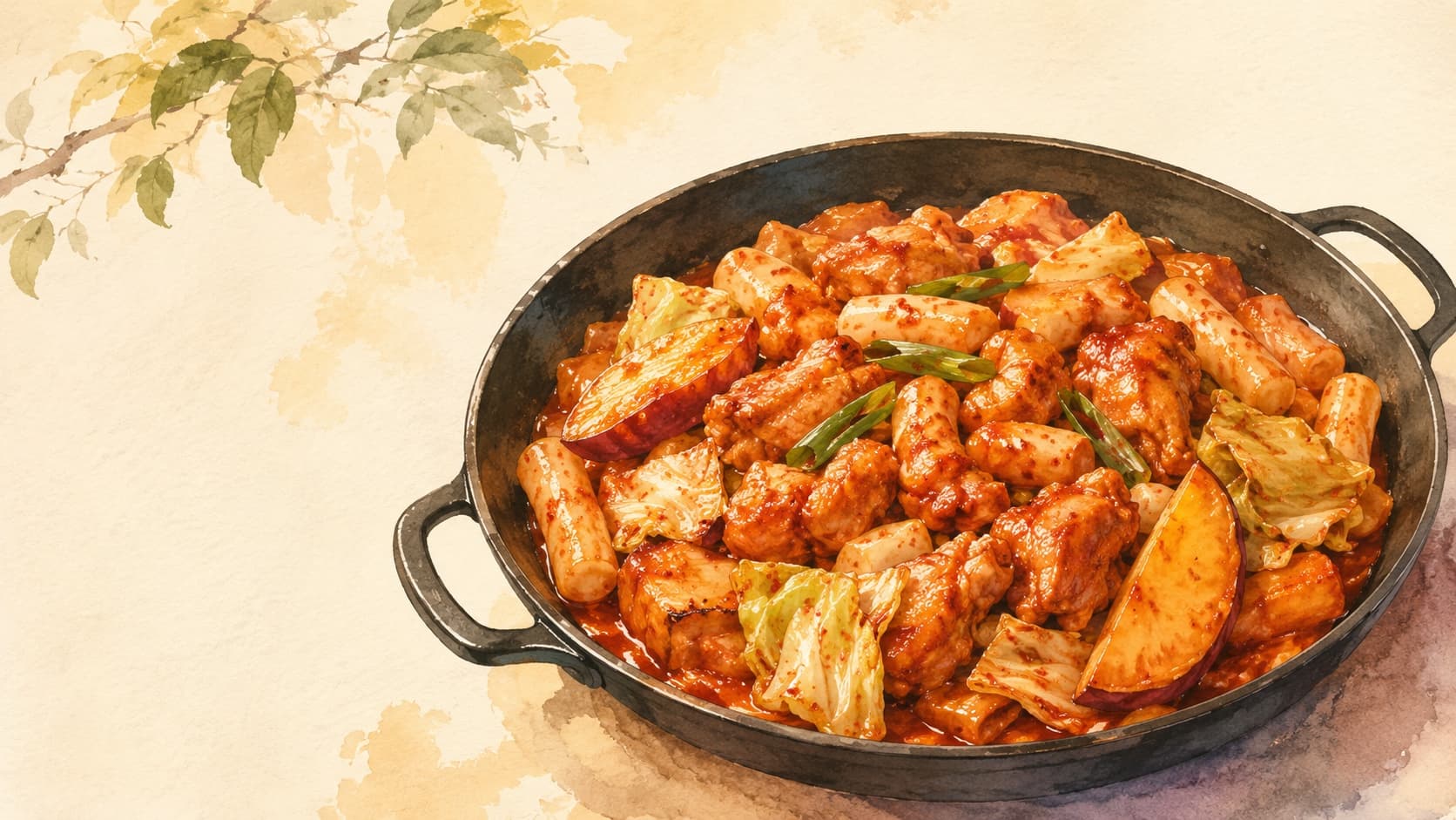 A colorful spread of Dakgalbi showcasing chicken and vegetables in a vibrant red sauce.